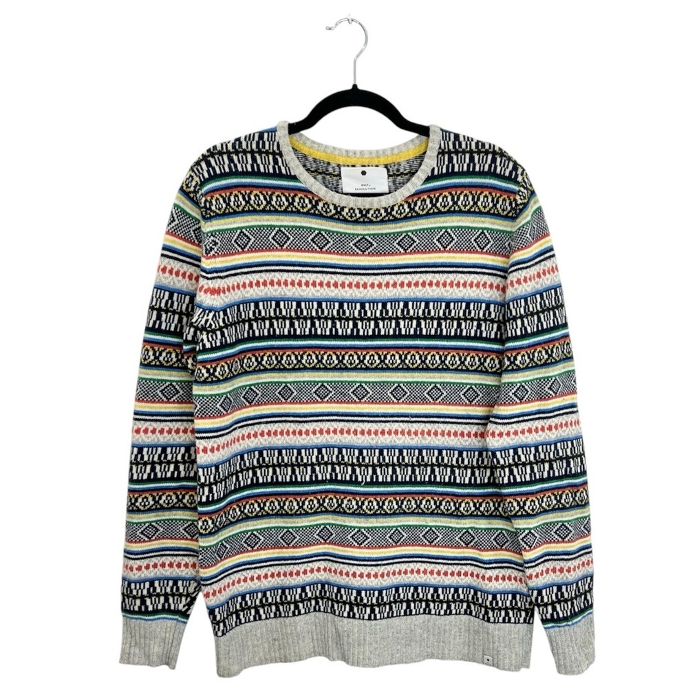 RVLT Revolution Denmark grey blue fair isle Nordic crew neck ski sweater XL